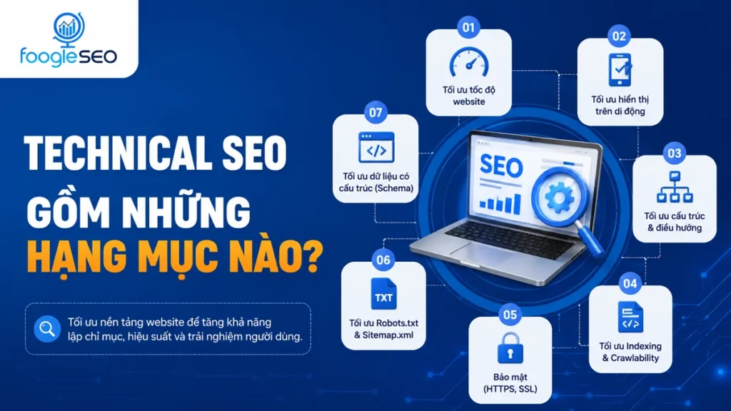 Các hạng mục Technical SEO gồm crawlability indexability sitemap robots canonical Core Web Vitals và structured data