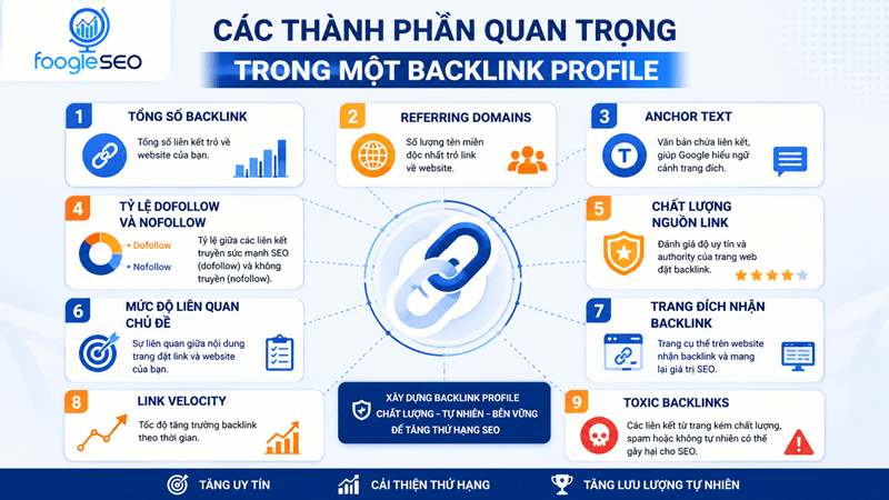 Backlink profile bao gồm các thành phần như tổng số backlink, referring domains, anchor text và chất lượng liên kết.