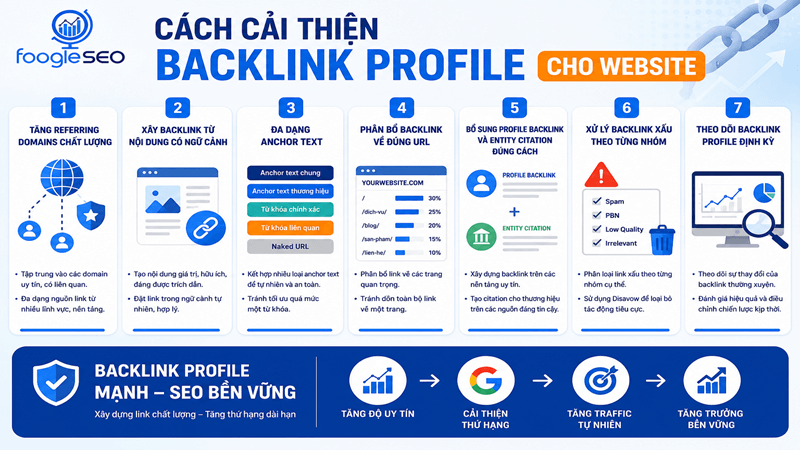 Hình mô tả cải thiện backlink profile giúp website tăng độ uy tín thông qua đa dạng liên kết và xử lý backlink xấu.