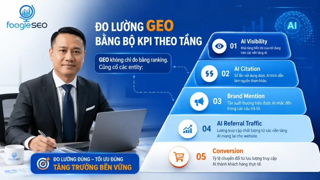 Cách đo lường hiệu quả GEO bằng KPI technical content entity AI visibility và conversion