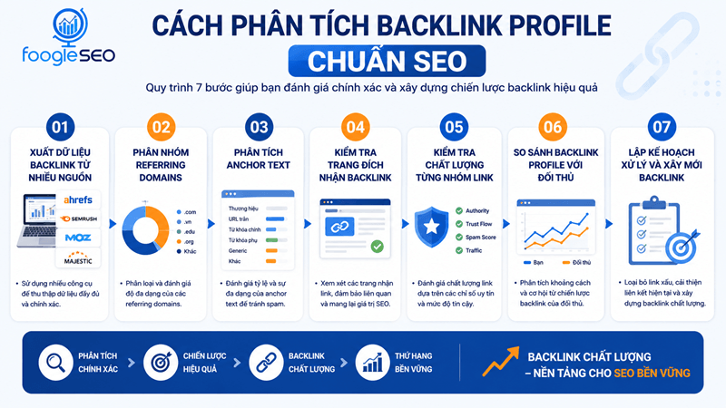 Quy trình phân tích backlink profile gồm 7 bước từ thu thập dữ liệu đến xây dựng chiến lược SEO.
