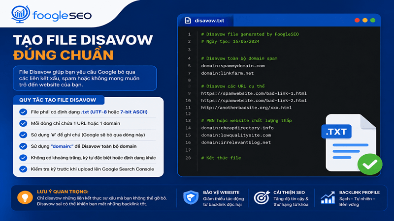 Infographic hướng dẫn tạo file Disavow đúng chuẩn với cấu trúc .txt, quy tắc khai báo domain, URL và quy trình gửi file lên Google Search Console.
