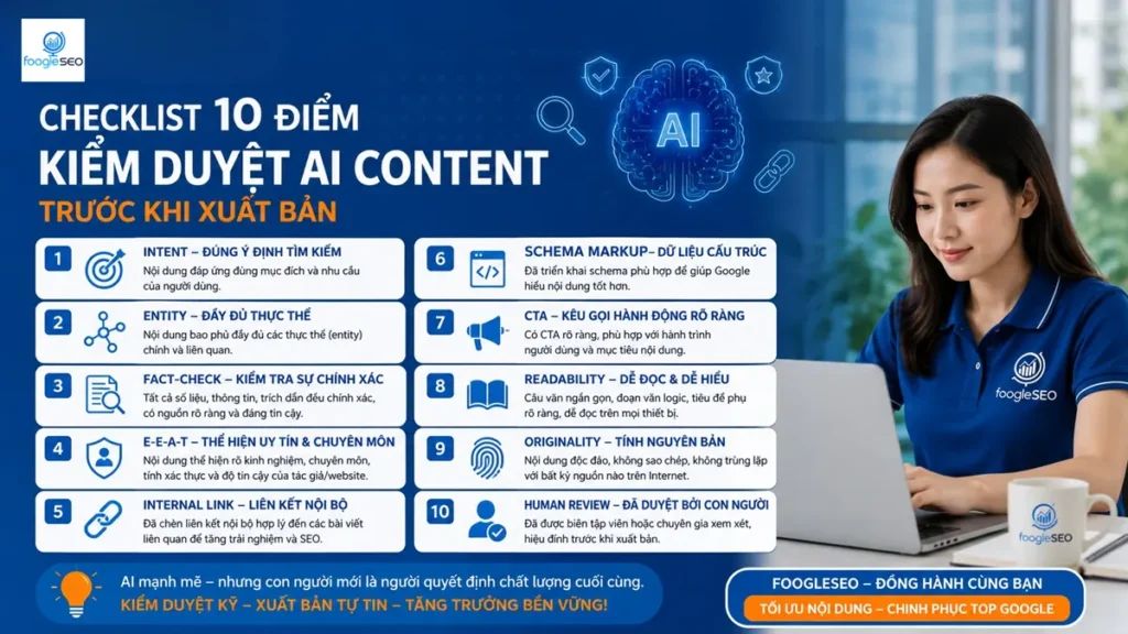 Checklist kiểm duyệt AI content trước khi xuất bản gồm intent, entity, fact-check, E-E-A-T và schema