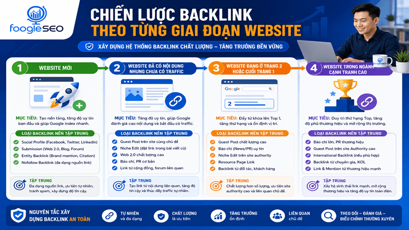 Chiến lược backlink theo từng giai đoạn website giúp tăng trưởng SEO và cải thiện thứ hạng Google