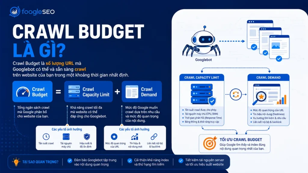 Crawl budget là tập hợp URL Googlebot có thể crawl và muốn crawl