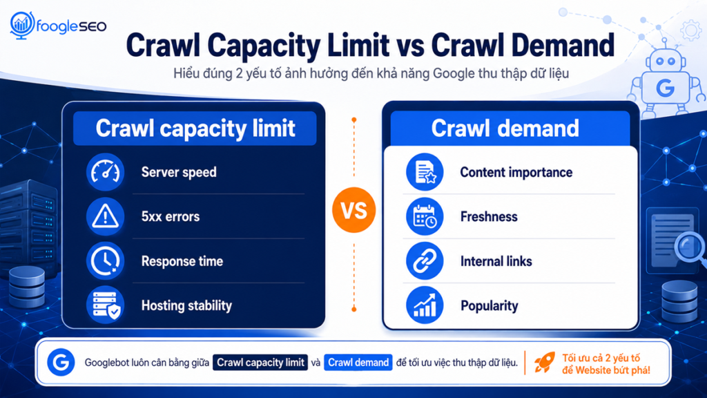 Sơ đồ crawl capacity limit và crawl demand trong crawl budget Google