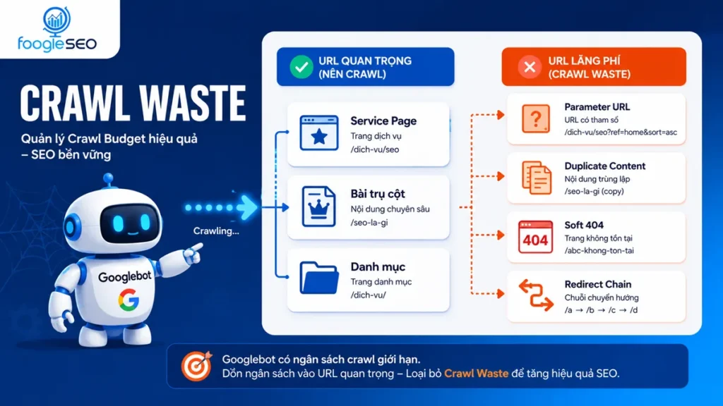 Crawl waste xảy ra khi Googlebot crawl URL tham số duplicate content 404 và redirect chain