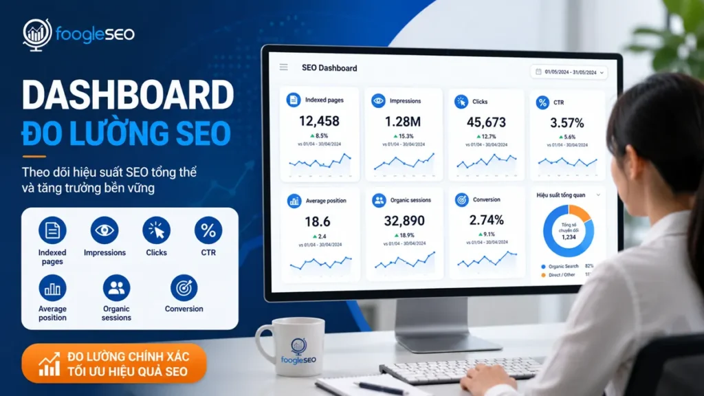 Dashboard đo lường SEO với impressions clicks CTR average position organic sessions và conversion