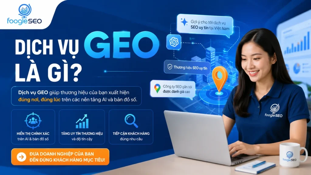 Dịch vụ GEO giúp doanh nghiệp hiển thị trên AI và bản đồ số với nhân sự Việt Nam đang phân tích dữ liệu trên laptop.