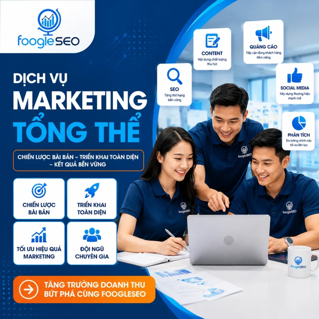 Đội ngũ chuyên gia marketing triển khai dịch vụ marketing tổng thể nhằm tối ưu hiệu quả quảng bá, SEO, content, social media và tăng trưởng doanh thu cho doanh nghiệp.