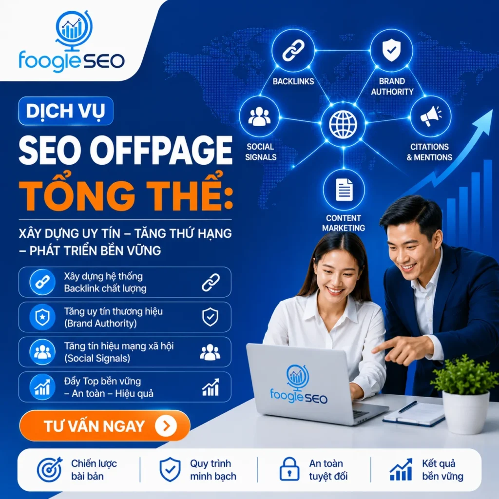Hình mô tả dịch vụ SEO Offpage tổng thể với backlink chất lượng, tăng brand authority và phát triển thứ hạng website bền vững.