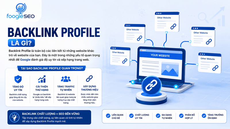 Backlink profile là tập hợp các liên kết từ website khác trỏ về website chính giúp tăng độ uy tín SEO.