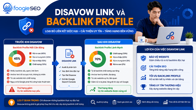 Infographic Disavow Link và Backlink Profile cho thấy cách loại bỏ backlink xấu để xây dựng hồ sơ liên kết tự nhiên, chất lượng và an toàn cho SEO.