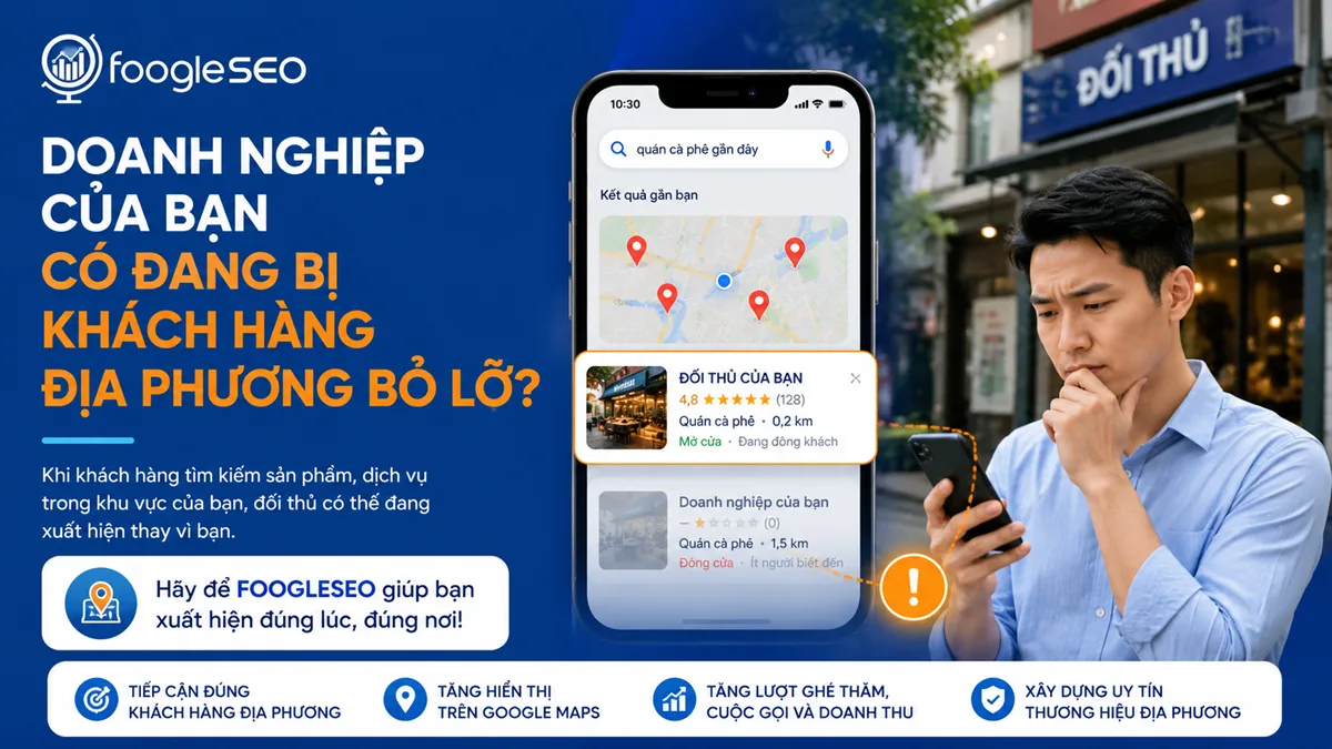 FOOGLESEO giúp doanh nghiệp địa phương tăng khả năng hiển thị trên Google Maps để khách hàng tìm thấy sản phẩm và dịch vụ trong khu vực một cách dễ dàng.