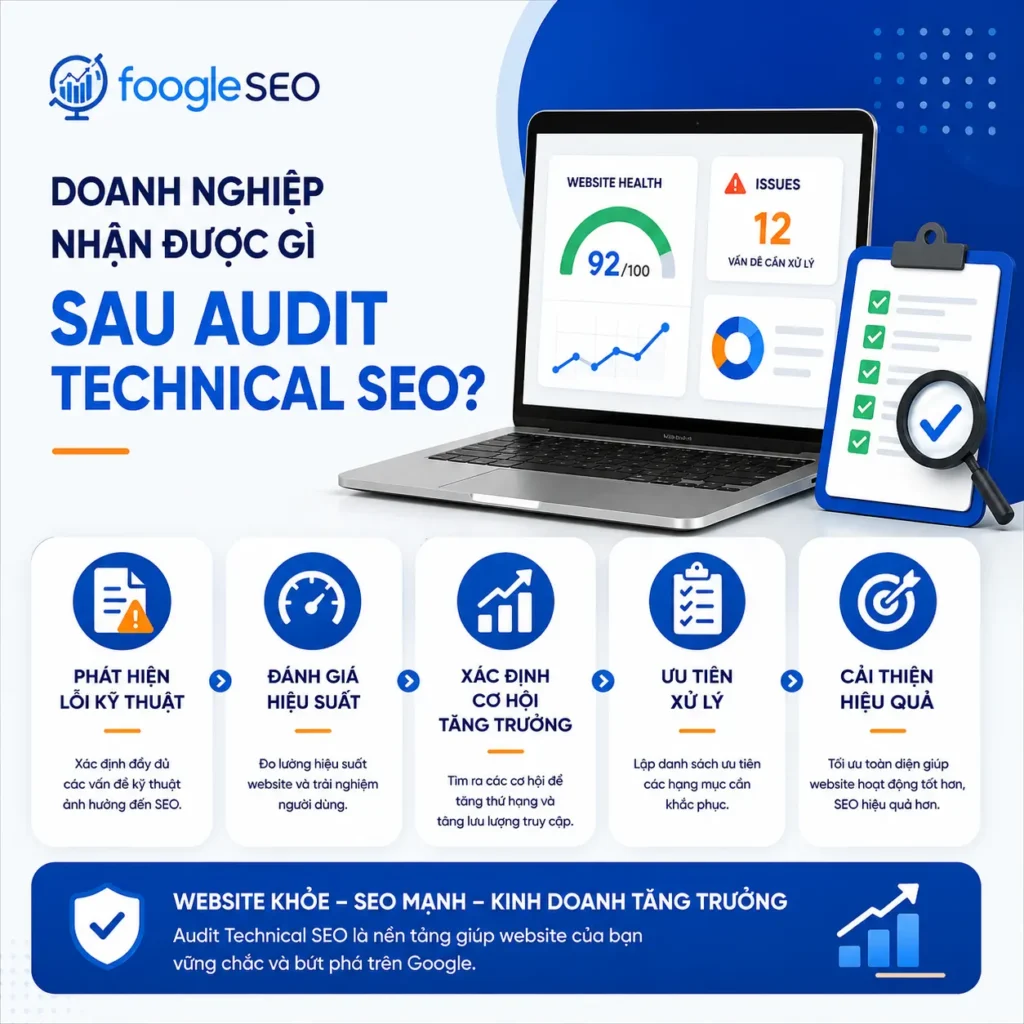 Hình mô tả những lợi ích doanh nghiệp nhận được sau Audit Technical SEO gồm phát hiện lỗi kỹ thuật, đánh giá hiệu suất, xác định cơ hội tăng trưởng, ưu tiên xử lý và cải thiện hiệu quả website.