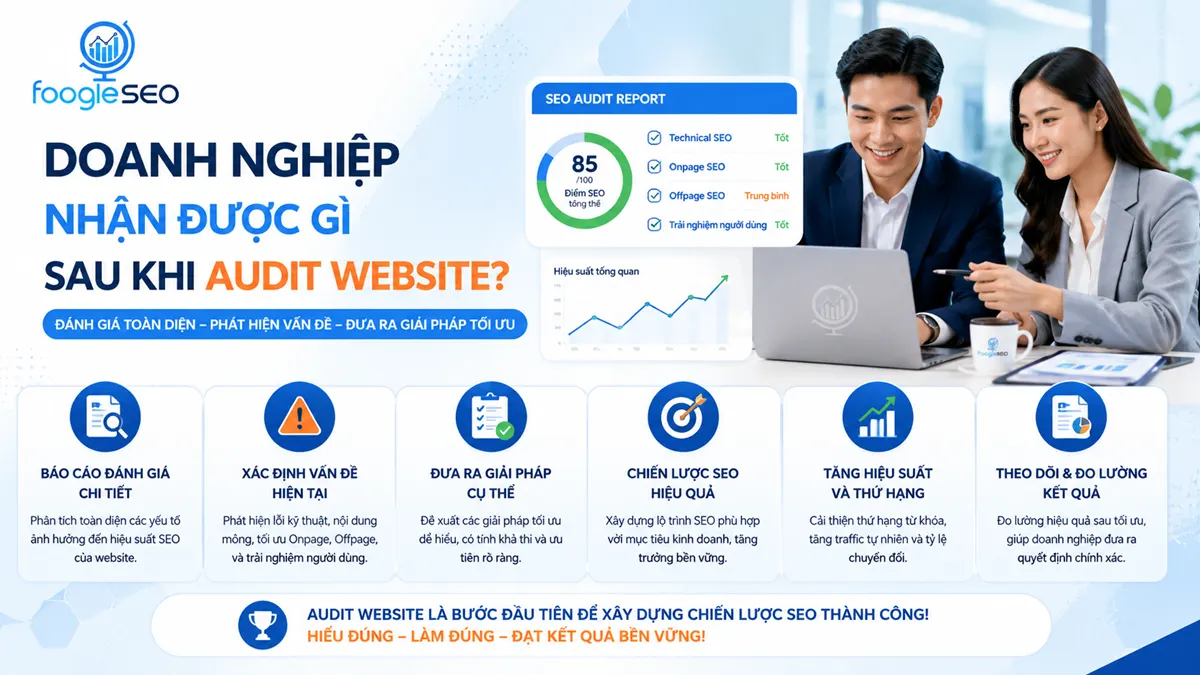 Doanh nghiệp nhận báo cáo SEO Audit website chi tiết, xác định lỗi kỹ thuật, đề xuất giải pháp tối ưu và xây dựng chiến lược SEO nhằm tăng trưởng thứ hạng và hiệu suất kinh doanh.