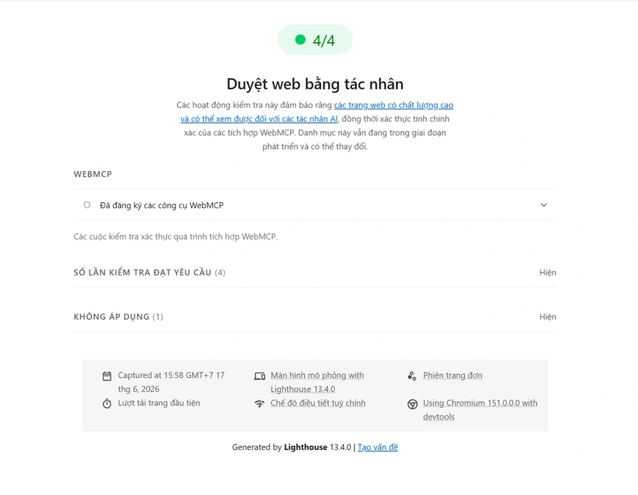 Tính điểm duyệt web bằng tác nhân với Lighthouse trong Google Chrome Canary