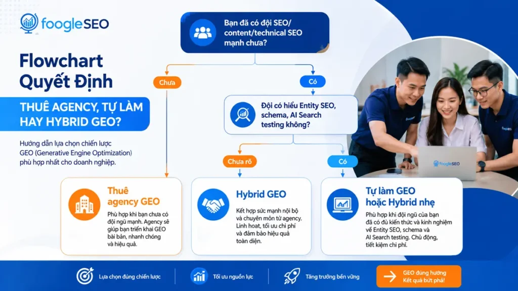 Flowchart chọn thuê agency GEO tự làm GEO hay hybrid GEO