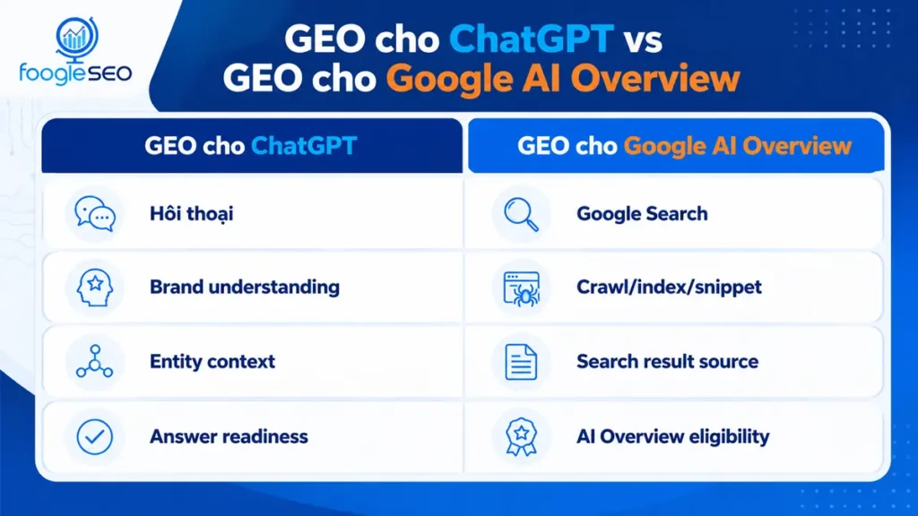 So sánh GEO cho ChatGPT và GEO cho Google AI Overview theo ngữ cảnh tìm kiếm, entity và nguồn thông tin
