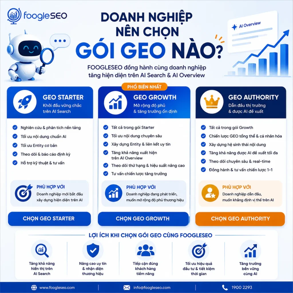 Hình minh họa doanh nghiệp nên chọn gói GEO nào phù hợp với mục tiêu tăng trưởng trực tuyến