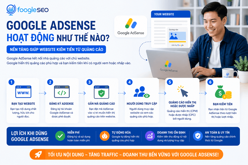Hình minh họa Google AdSense hoạt động theo mô hình kết nối ba bên: nhà quảng cáo, Google và chủ website