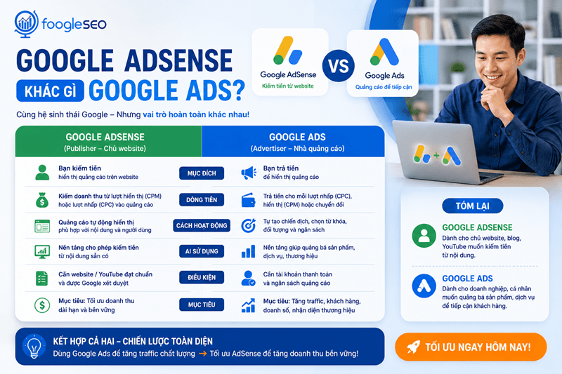 Hình minh họa giải thích google adsense với google ads là hai nền tảng quảng cáo của Google nhưng phục vụ mục đích hoàn toàn khác nhau.