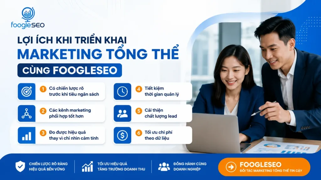 FOOGLESEO giúp doanh nghiệp xây dựng chiến lược marketing tổng thể, đồng bộ các kênh marketing, đo lường hiệu quả chính xác và tối ưu chi phí dựa trên dữ liệu thực tế.