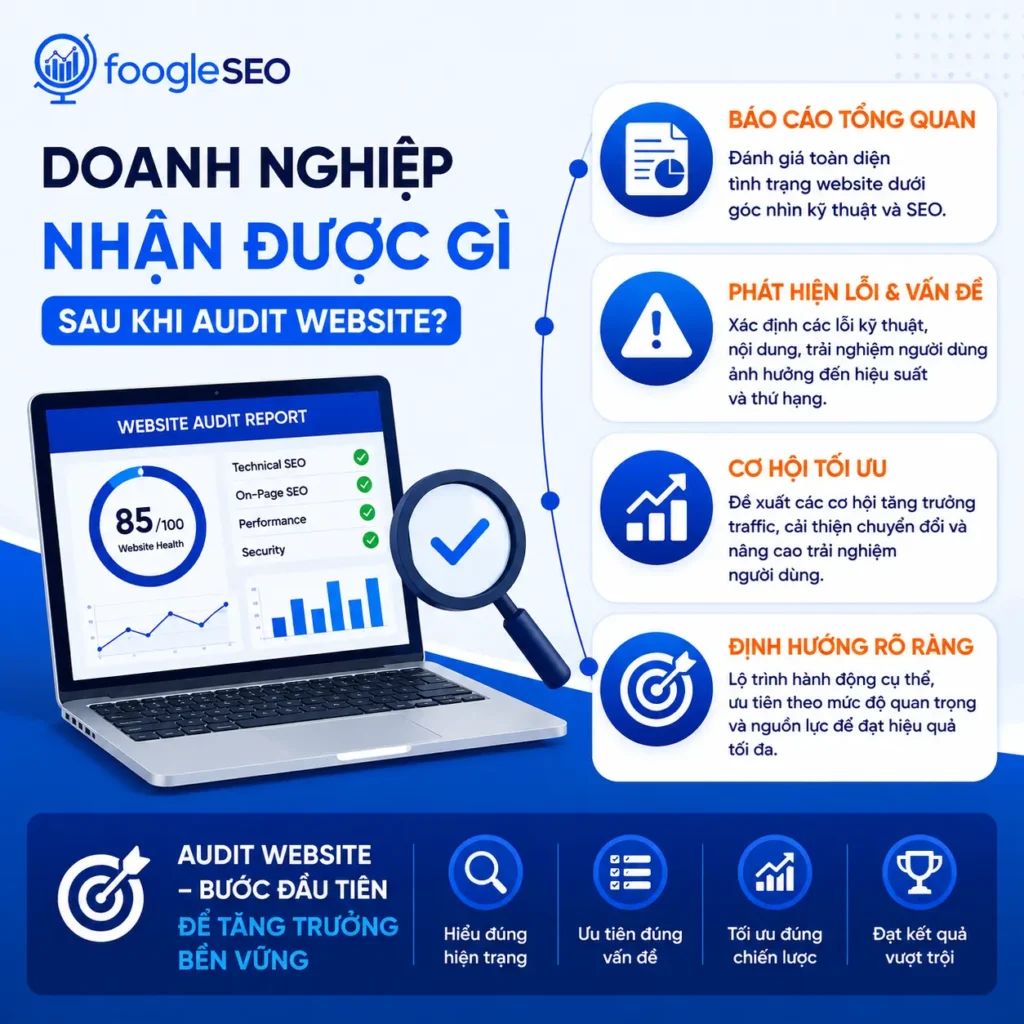 Hình mô tả doanh nghiệp nhận được báo cáo chi tiết, danh sách lỗi cần khắc phục và lộ trình tối ưu SEO sau khi audit website