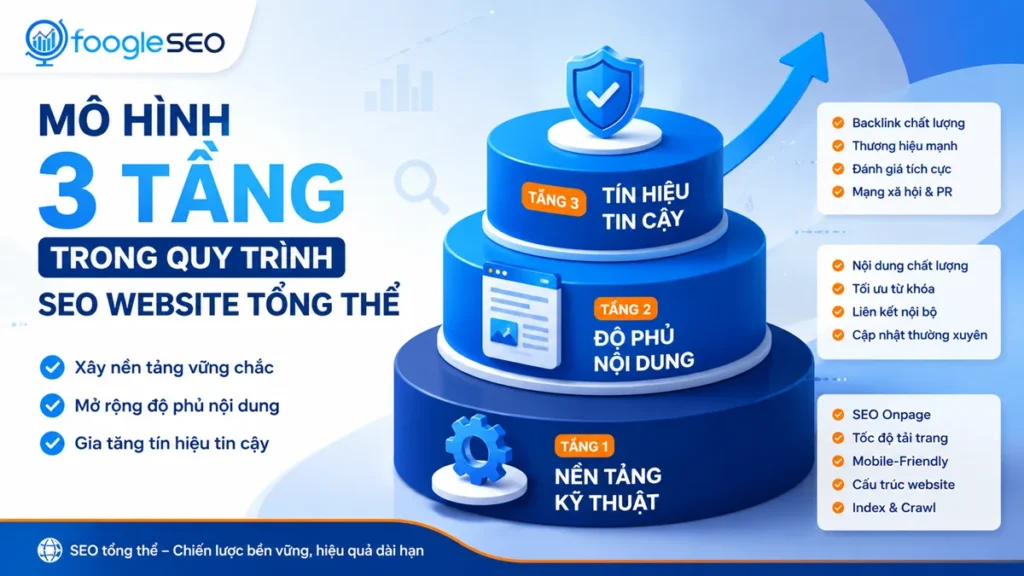 Mô hình 3 tầng trong quy trình SEO website tổng thể gồm kỹ thuật độ phủ nội dung và tín hiệu tin cậy