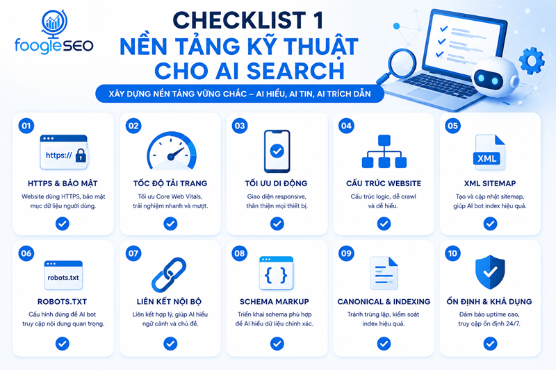 Hình ảnh checklis nền tảng kỹ thuật giúp website tối ưu cho AI Search và cải thiện khả năng crawl