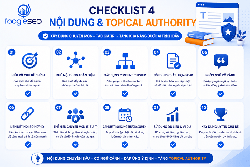 Hình ảnh checklist nội dung và topical authority giúp tăng độ uy tín chủ đề trong SEO và AI Search