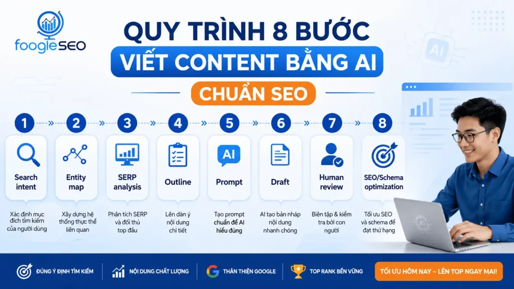 Quy trình 8 bước viết content bằng AI chuẩn SEO từ search intent đến tối ưu schema