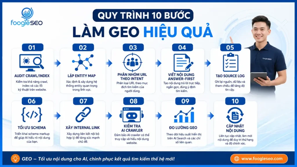 Quy trình tối ưu GEO cho website gồm 10 bước từ audit đến đo lường