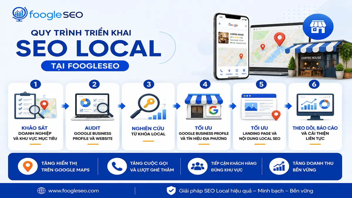 FOOGLESEO triển khai SEO Local theo quy trình gồm khảo sát doanh nghiệp, audit website và Google Business Profile, nghiên cứu từ khóa địa phương, tối ưu Local SEO và theo dõi hiệu quả liên tục.