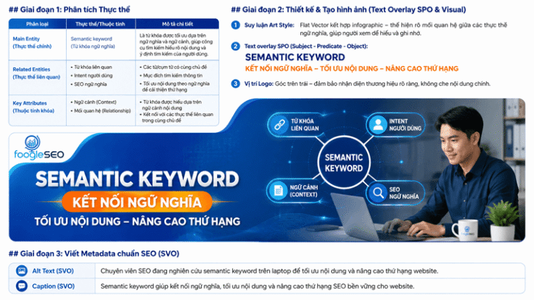 Hình mô tả Semantic keyword là từ khóa ngữ nghĩa, gồm các từ, cụm từ, thực thể, câu hỏi và khái niệm có liên quan về mặt ý nghĩa với từ khóa chính