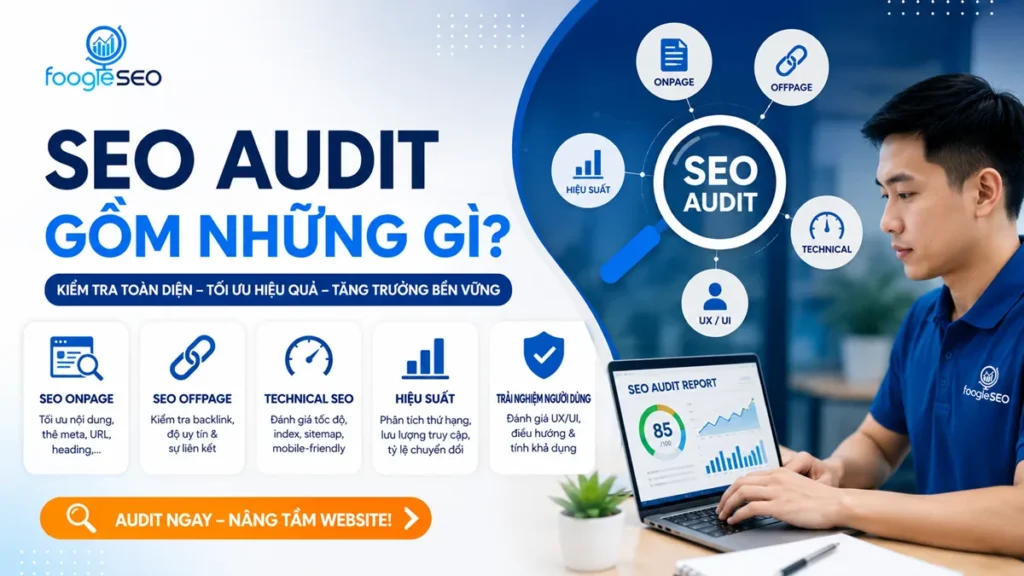 Các hạng mục trong SEO Audit gồm technical SEO, crawl index, on-page SEO, content audit, entity SEO, internal link và backlink