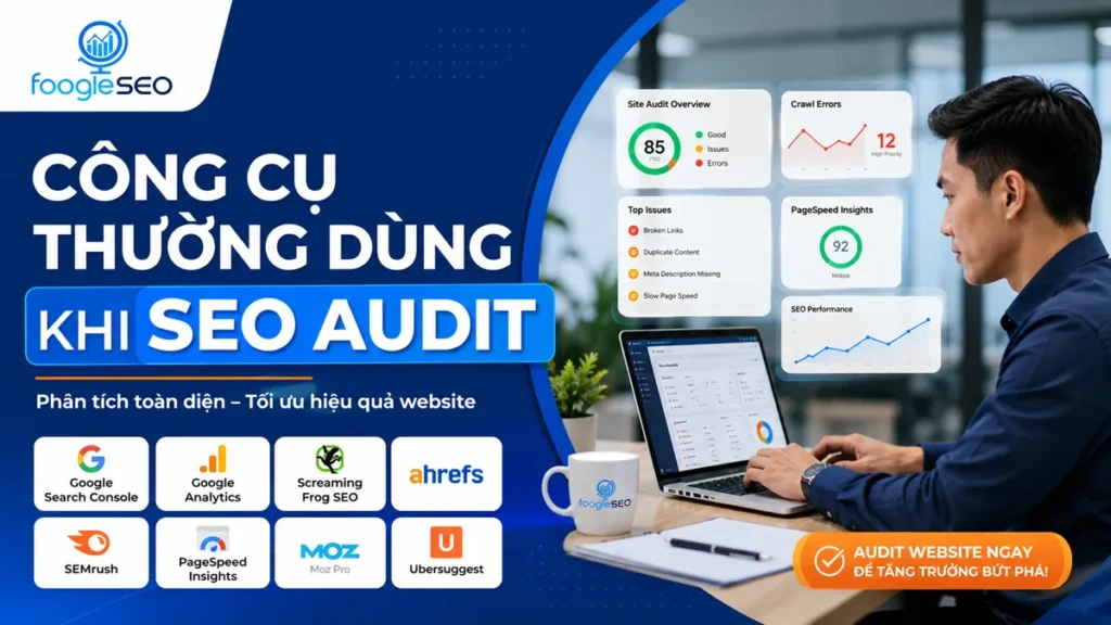 Công cụ SEO Audit gồm Google Search Console GA4 PageSpeed Insights Screaming Frog Ahrefs và Semrush