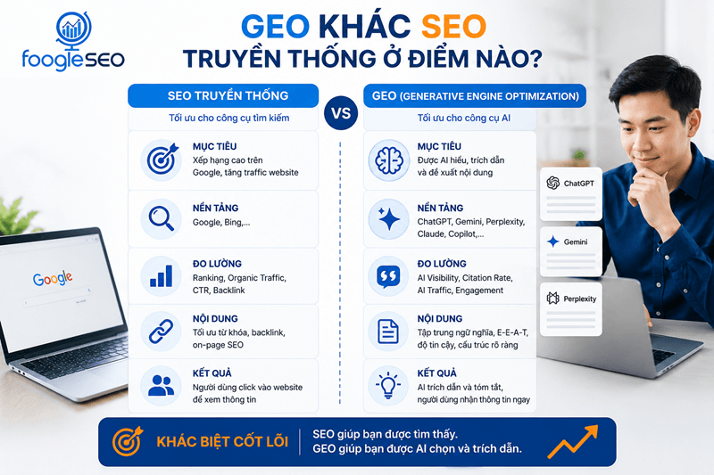 Hình minh họa seo giúp tăng thứ hạng còn geo giúp được AI trích dẫn