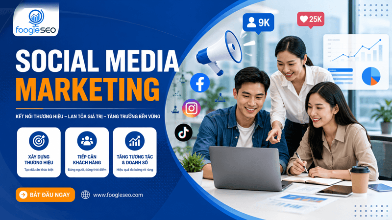 Hình minh họa social media marketing cho thấy nhân viên đang phân tích chiến lược mạng xã hội và dữ liệu tăng trưởng doanh nghiệp