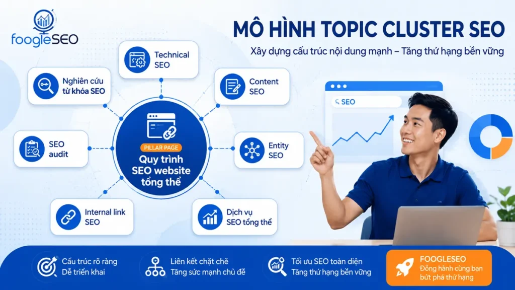Mô hình topic cluster SEO với pillar page quy trình SEO và các bài hỗ trợ như technical SEO content SEO SEO audit