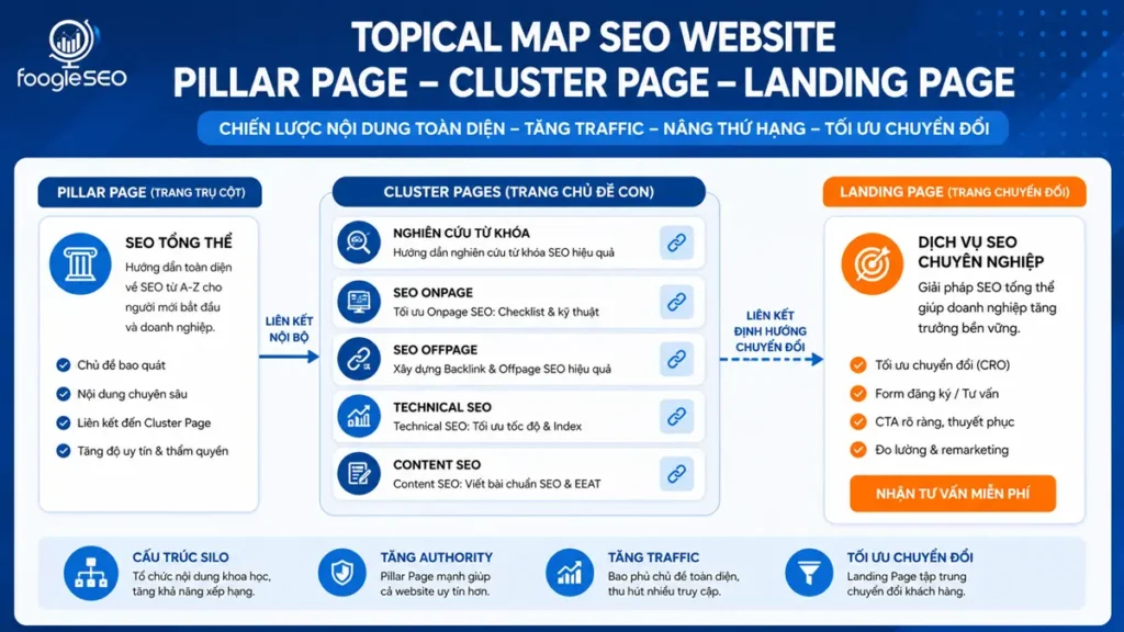 Topical map SEO website với pillar page cluster page và landing page chuyển đổi