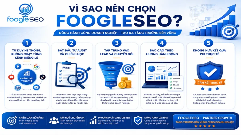 5 lý do nên chọn FOOGLESEO gồm tư duy hệ thống, chiến lược bài bản, tập trung lead, báo cáo hành động và cam kết kết quả thực tế.