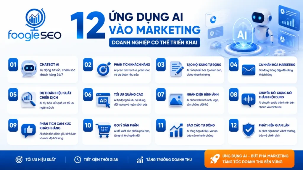 Infographic 12 ứng dụng AI vào Marketing doanh nghiệp có thể triển khai gồm chatbot AI, phân tích khách hàng, tạo nội dung tự động, cá nhân hóa marketing, tối ưu quảng cáo và báo cáo tự động.