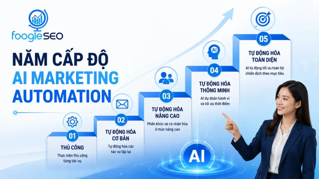 Hình minh họa năm cấp độ AI Marketing Automation từ tự động hóa cơ bản đến tự động hóa toàn diện, giúp doanh nghiệp tối ưu quy trình marketing và nâng cao hiệu quả chuyển đổi bằng AI.