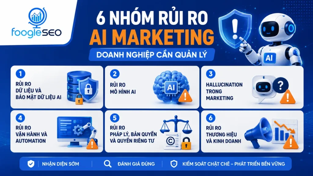 Infographic minh họa 6 nhóm rủi ro AI Marketing doanh nghiệp cần quản lý gồm rủi ro dữ liệu và bảo mật dữ liệu AI, rủi ro mô hình AI, hallucination trong marketing, rủi ro vận hành và automation, rủi ro pháp lý, bản quyền và quyền riêng tư, cùng rủi ro thương hiệu và kinh doanh.