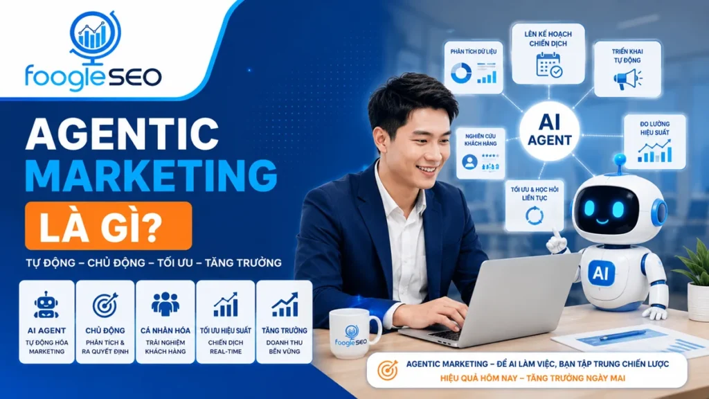 Hình minh họa Agentic Marketing cho thấy AI Agent chủ động phân tích dữ liệu khách hàng, lập kế hoạch chiến dịch, tự động triển khai, tối ưu hiệu suất marketing và hỗ trợ doanh nghiệp tăng trưởng bền vững