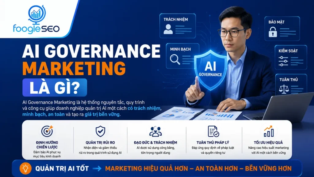Infographic giải thích AI Governance Marketing là hệ thống quản trị AI giúp doanh nghiệp quản lý AI có trách nhiệm, minh bạch, an toàn, tuân thủ pháp luật và tối ưu hiệu quả marketing bền vững.