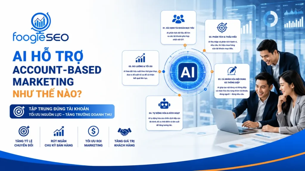 Infographic AI hỗ trợ Account-Based Marketing (ABM) minh họa quy trình AI xác định tài khoản mục tiêu, phân tích dữ liệu, cá nhân hóa nội dung, tự động hóa chiến dịch và tối ưu hiệu quả marketing