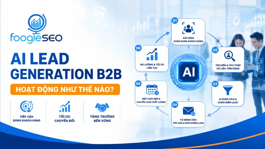 AI Lead Generation B2B giúp doanh nghiệp xác định khách hàng tiềm năng, phân tích dữ liệu, chấm điểm lead, tự động hóa chăm sóc và tối ưu hiệu quả bán hàng trên nền tảng AI của FOOGLESEO.