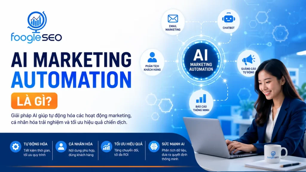 Hình mô tả AI Marketing Automation là giải pháp ứng dụng trí tuệ nhân tạo để tự động hóa marketing, cá nhân hóa trải nghiệm khách hàng, tối ưu chiến dịch và nâng cao hiệu quả chuyển đổi.